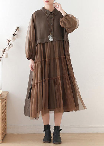 Unique chocolate linen dress lapel large hem Maxi fall Dresses - bagstylebliss