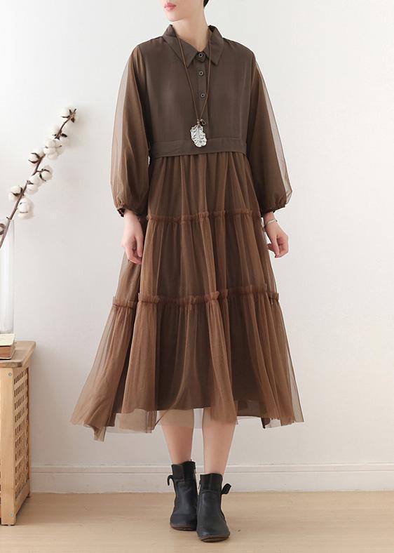 Unique chocolate linen dress lapel large hem Maxi fall Dresses - bagstylebliss