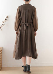 Unique chocolate linen dress lapel large hem Maxi fall Dresses - bagstylebliss