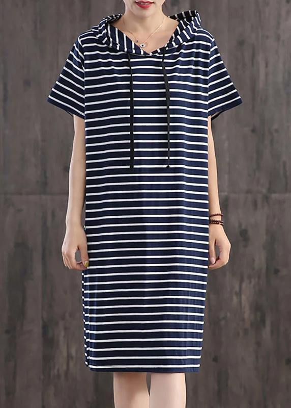 Unique cotton clothes Women Casual Classic Wild Striped Hooded Loose Dress - bagstylebliss