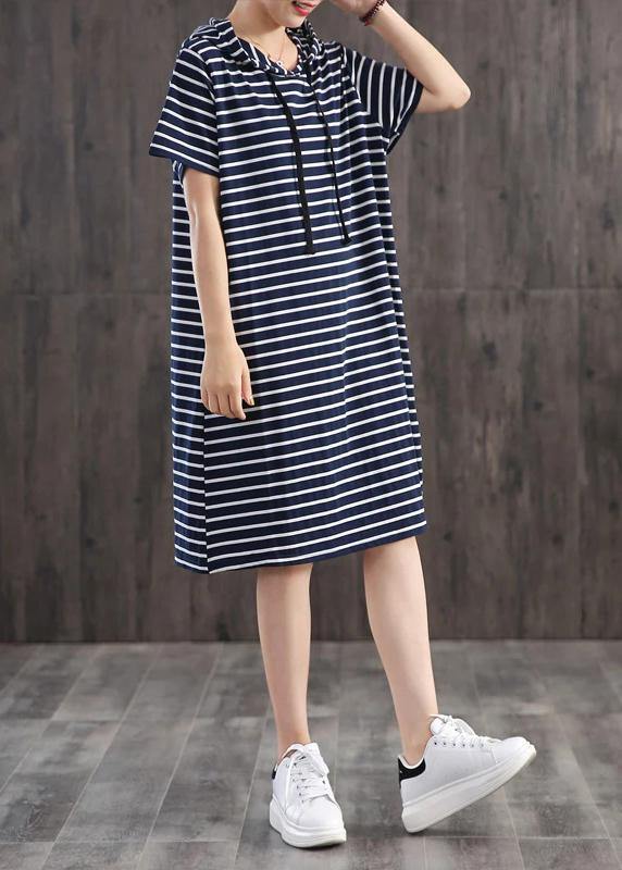 Unique cotton clothes Women Casual Classic Wild Striped Hooded Loose Dress - bagstylebliss