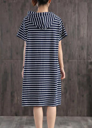 Unique cotton clothes Women Casual Classic Wild Striped Hooded Loose Dress - bagstylebliss