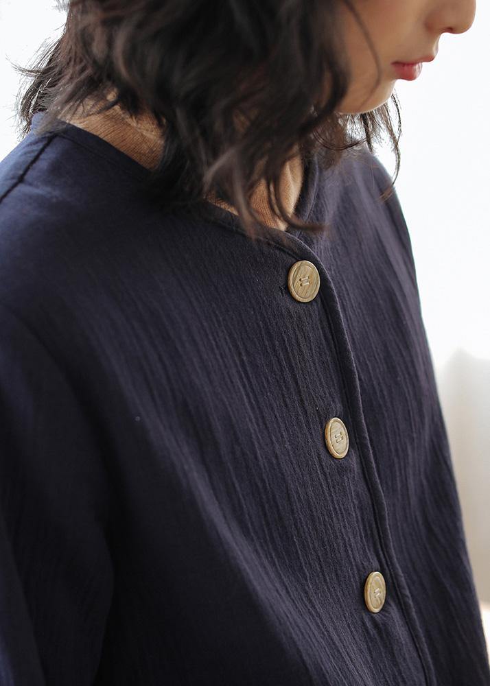 Unique dark blue cotton clothes For Women o neck Button short shirt - bagstylebliss