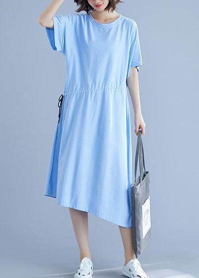 Unique drawstring waist cotton summer clothes For Women blue o neck oversized dresses - bagstylebliss