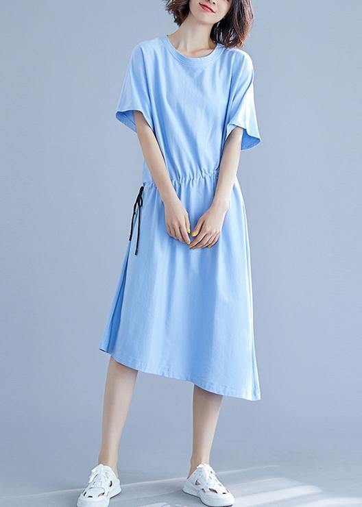 Unique drawstring waist cotton summer clothes For Women blue o neck oversized dresses - bagstylebliss