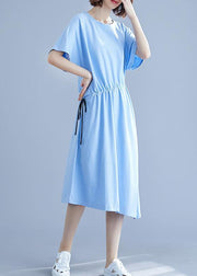 Unique drawstring waist cotton summer clothes For Women blue o neck oversized dresses - bagstylebliss