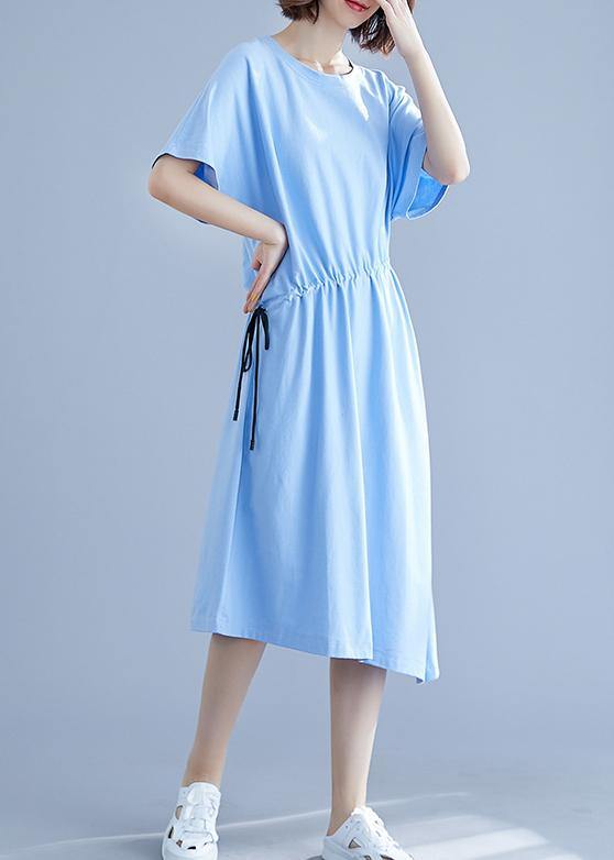 Unique drawstring waist cotton summer clothes For Women blue o neck oversized dresses - bagstylebliss