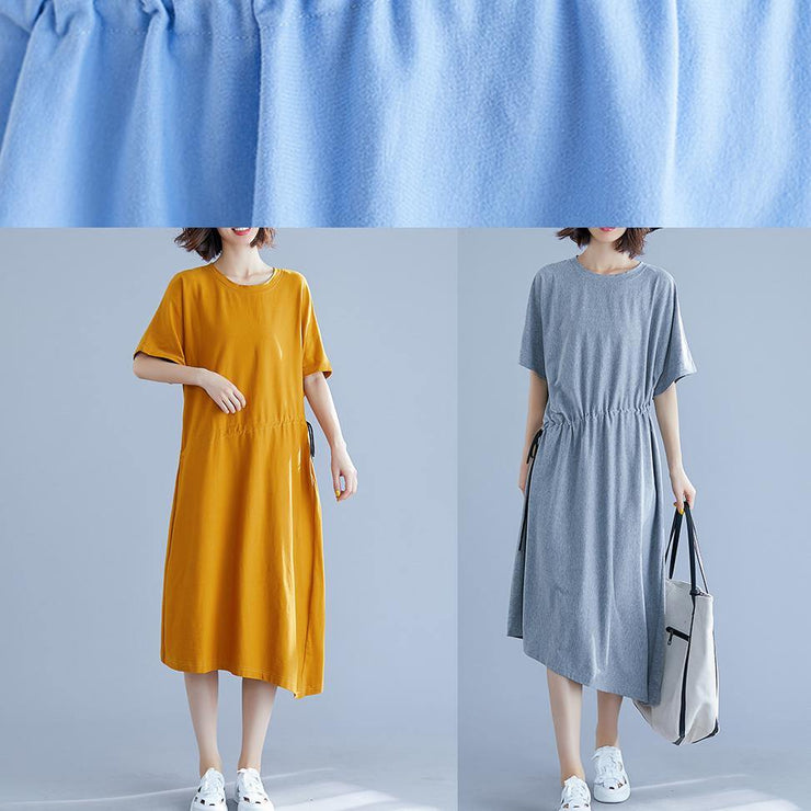 Unique drawstring waist cotton summer clothes For Women blue o neck oversized dresses - bagstylebliss