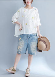 Unique embroidery cotton tunic top white Art tops summer - bagstylebliss