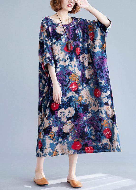 Unique floral cotton dresses o neck baggy Maxi Dresses - bagstylebliss