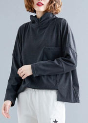 Unique gray black cotton top silhouette asymmetric Dresses fall shirts - bagstylebliss
