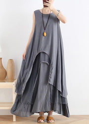 Unique gray cotton dresso neck asymmetric robes summer Dress - bagstylebliss