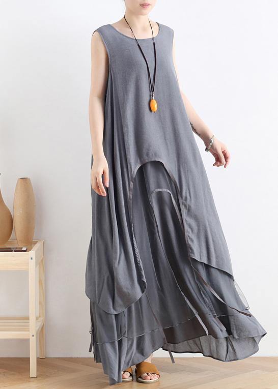 Unique gray cotton dresso neck asymmetric robes summer Dress - bagstylebliss