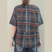 Unique gray plaid linen Blouse o neck short summer blouses - bagstylebliss