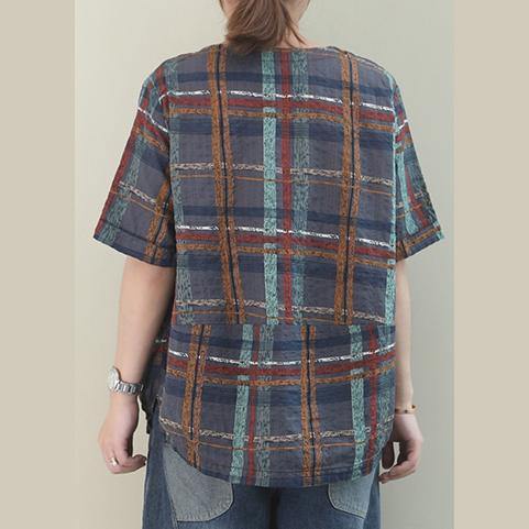 Unique gray plaid linen Blouse o neck short summer blouses - bagstylebliss