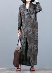 Unique gray print Long dress v neck asymmetric Maxi fall Dress - bagstylebliss