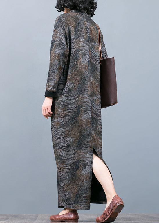 Unique gray print Long dress v neck asymmetric Maxi fall Dress - bagstylebliss