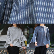 Unique gray striped clothes For Women stand collar trumpet sleeves silhouette shirts - bagstylebliss
