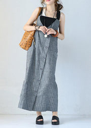 Unique gray striped linen dresses Single-breasted Maxi sleeveless Dress - bagstylebliss