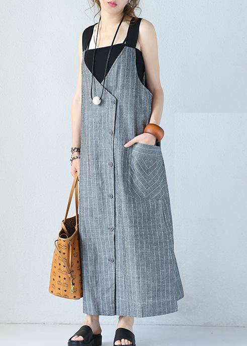 Unique gray striped linen dresses Single-breasted Maxi sleeveless Dress - bagstylebliss