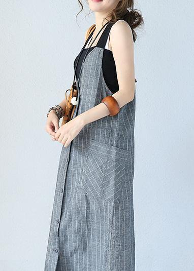 Unique gray striped linen dresses Single-breasted Maxi sleeveless Dress - bagstylebliss