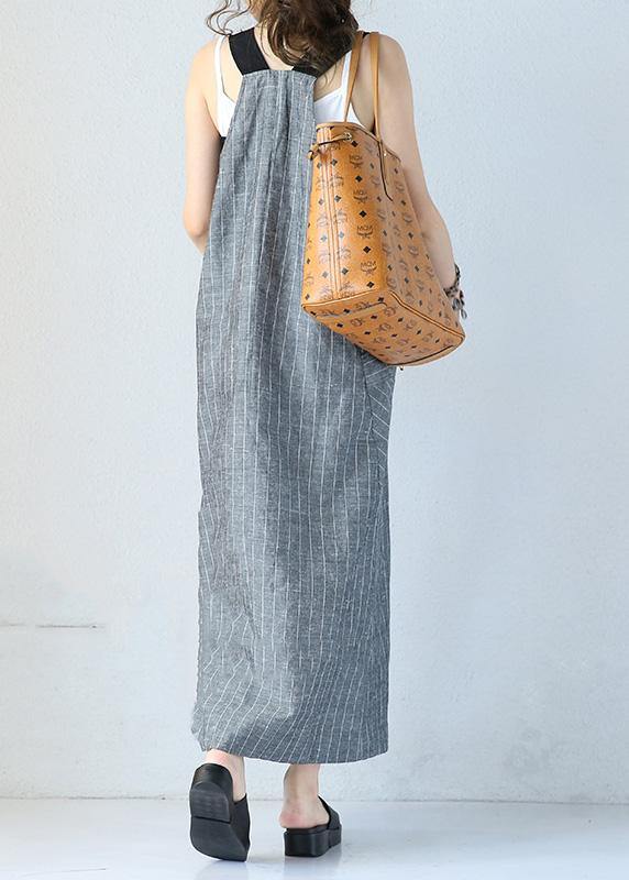 Unique gray striped linen dresses Single-breasted Maxi sleeveless Dress - bagstylebliss