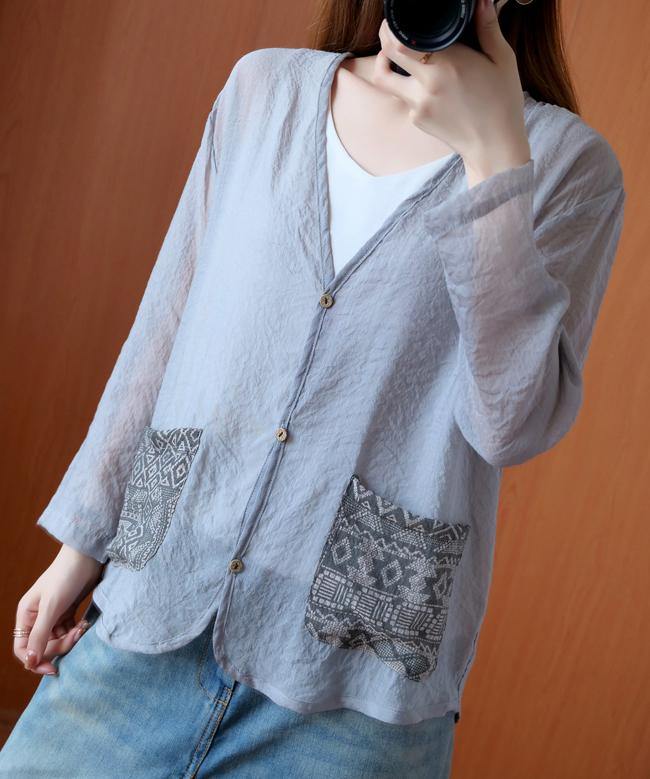 Unique gray tops women blouses v neck Button Down daily blouse - bagstylebliss