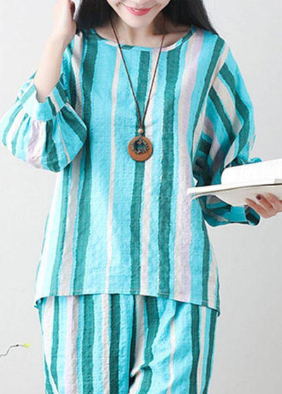 Unique green linen clothes For Women Tunic Tops striped summer top - bagstylebliss