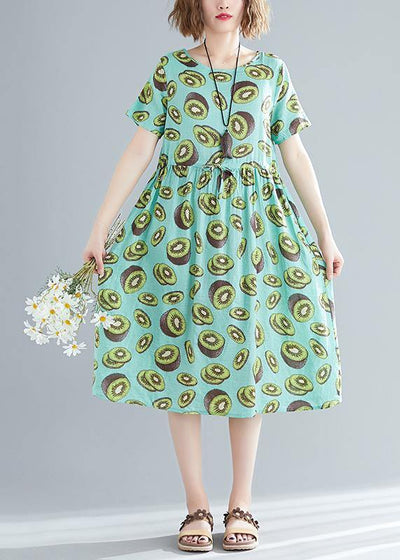 Unique green print linen clothes Women Korea pattern o neck drawstring Art Summer Dress - bagstylebliss