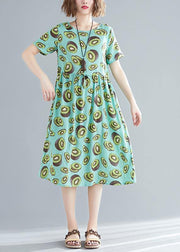 Unique green print linen clothes Women Korea pattern o neck drawstring Art Summer Dress - bagstylebliss