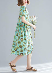 Unique green print linen clothes Women Korea pattern o neck drawstring Art Summer Dress - bagstylebliss