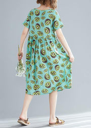 Unique green print linen clothes Women Korea pattern o neck drawstring Art Summer Dress - bagstylebliss