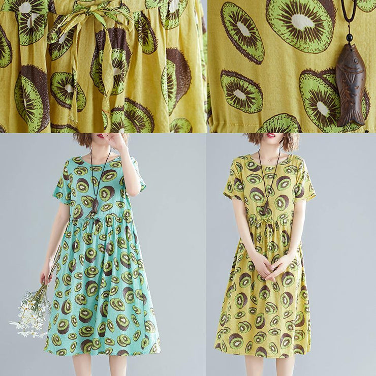 Unique green print linen clothes Women Korea pattern o neck drawstring Art Summer Dress - bagstylebliss