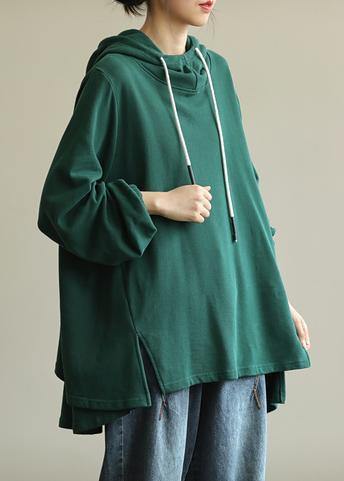 Unique green tunic pattern hooded drawstring Plus Size Clothing blouses - bagstylebliss