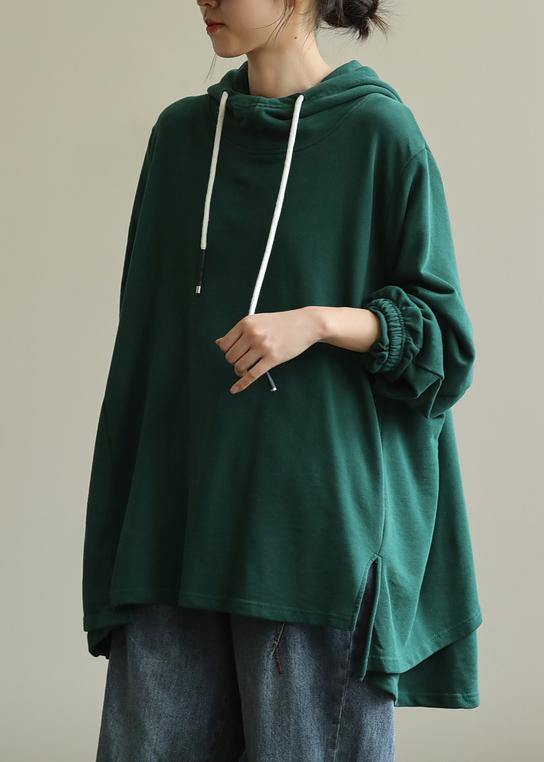 Unique green tunic pattern hooded drawstring Plus Size Clothing blouses - bagstylebliss