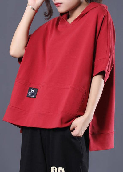 Unique hooded cotton tunic pattern red side open shirts summer - bagstylebliss
