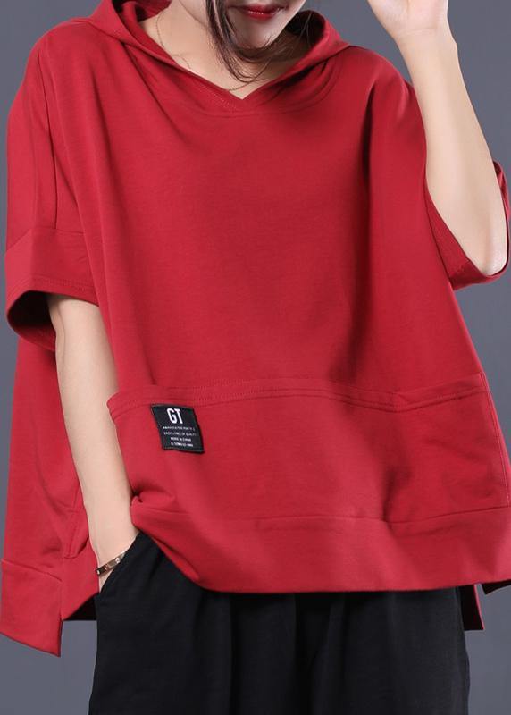 Unique hooded cotton tunic pattern red side open shirts summer - bagstylebliss