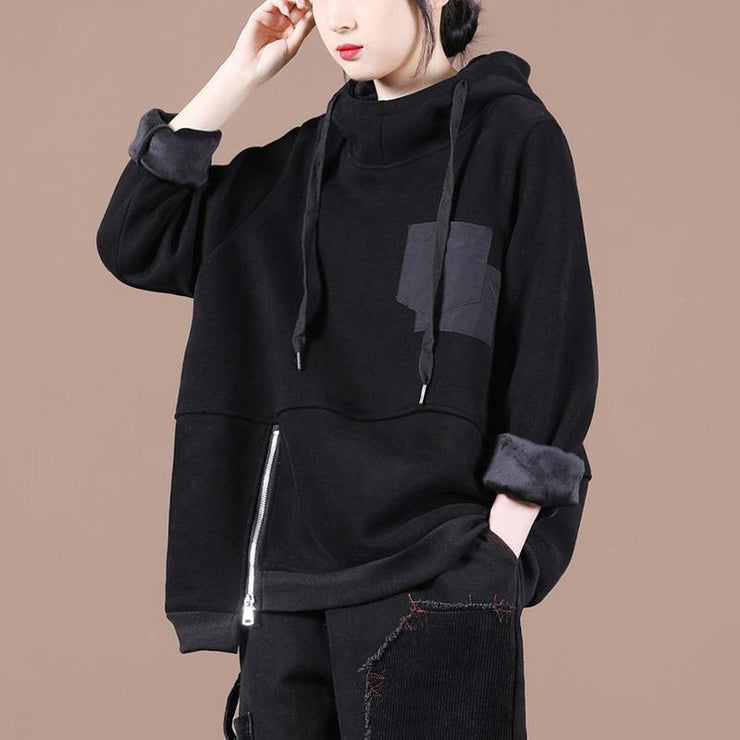 Unique hooded patchwork tunics for women Work Outfits black thick blouses - bagstylebliss