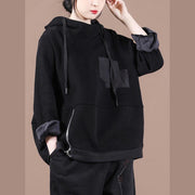 Unique hooded patchwork tunics for women Work Outfits black thick blouses - bagstylebliss