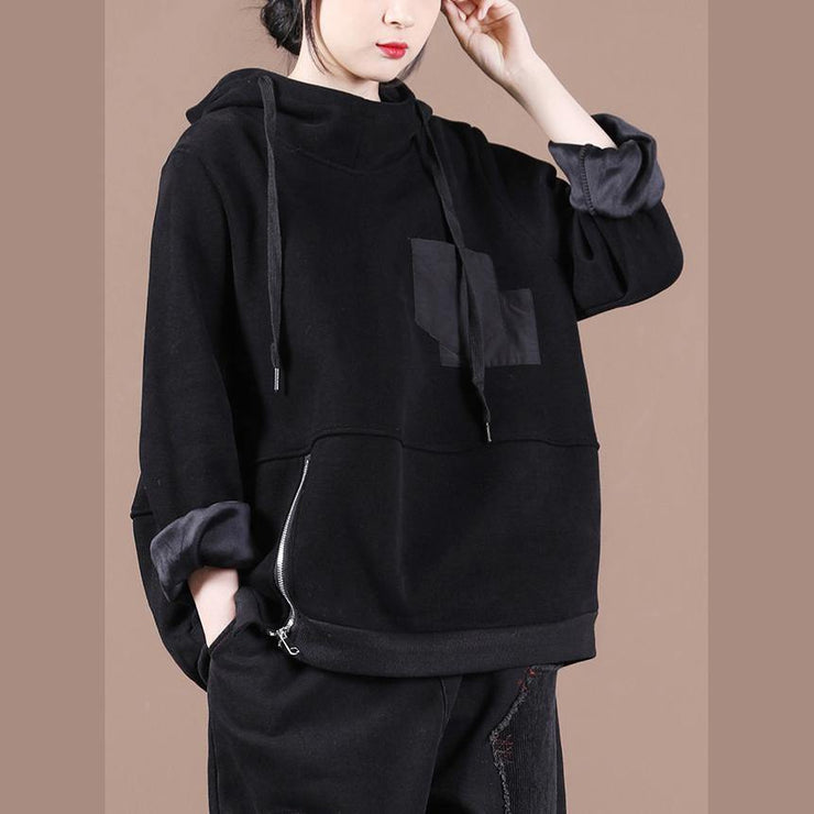 Unique hooded patchwork tunics for women Work Outfits black thick blouses - bagstylebliss