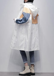 Unique hooded zippered Fine patchwork tunics for women white Dresses coat - bagstylebliss