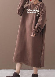 Unique khaki cotton Long Shirts side open cotton robes alphabet prints Dress - bagstylebliss