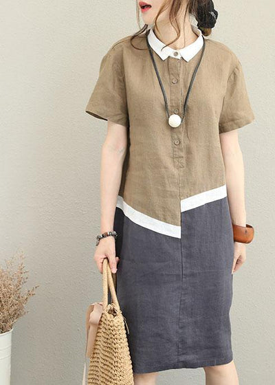 Unique khaki linen dress lapel patchwork cotton Dress - bagstylebliss