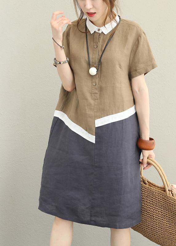 Unique khaki linen dress lapel patchwork cotton Dress - bagstylebliss