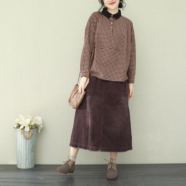 Unique lapel cotton linen clothes stylish Sleeve purple chocolate Plaid Midi tops