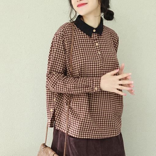 Unique lapel cotton linen clothes stylish Sleeve purple chocolate Plaid Midi tops