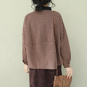 Unique lapel cotton linen clothes stylish Sleeve purple chocolate Plaid Midi tops