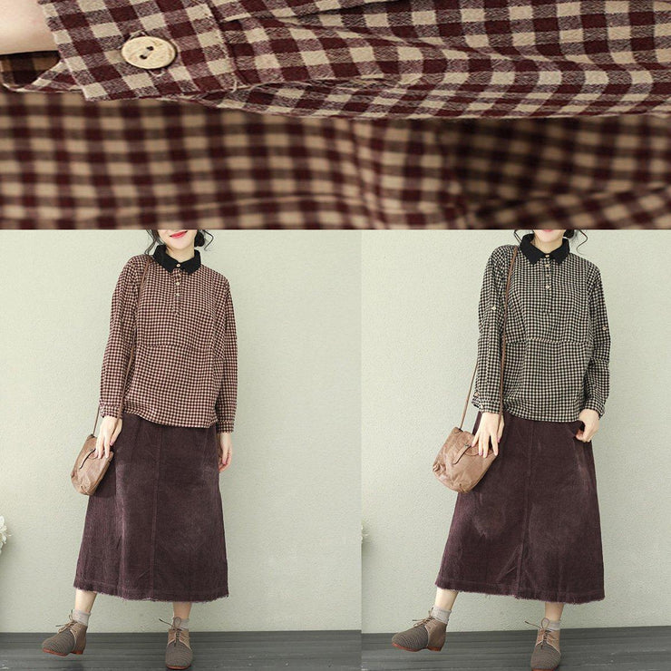 Unique lapel cotton linen clothes stylish Sleeve purple chocolate Plaid Midi tops