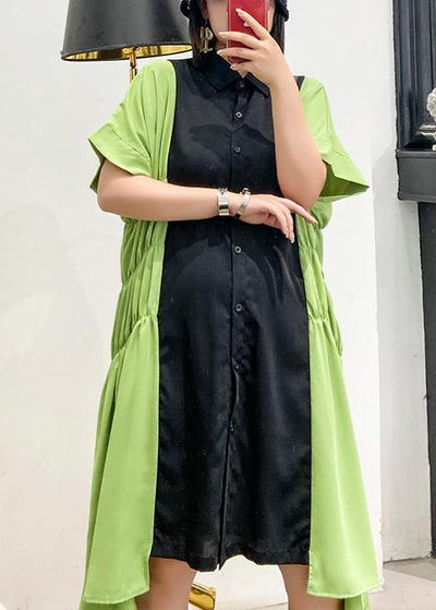 Unique lapel Cinched Robes pattern black patchwork green Dress - bagstylebliss