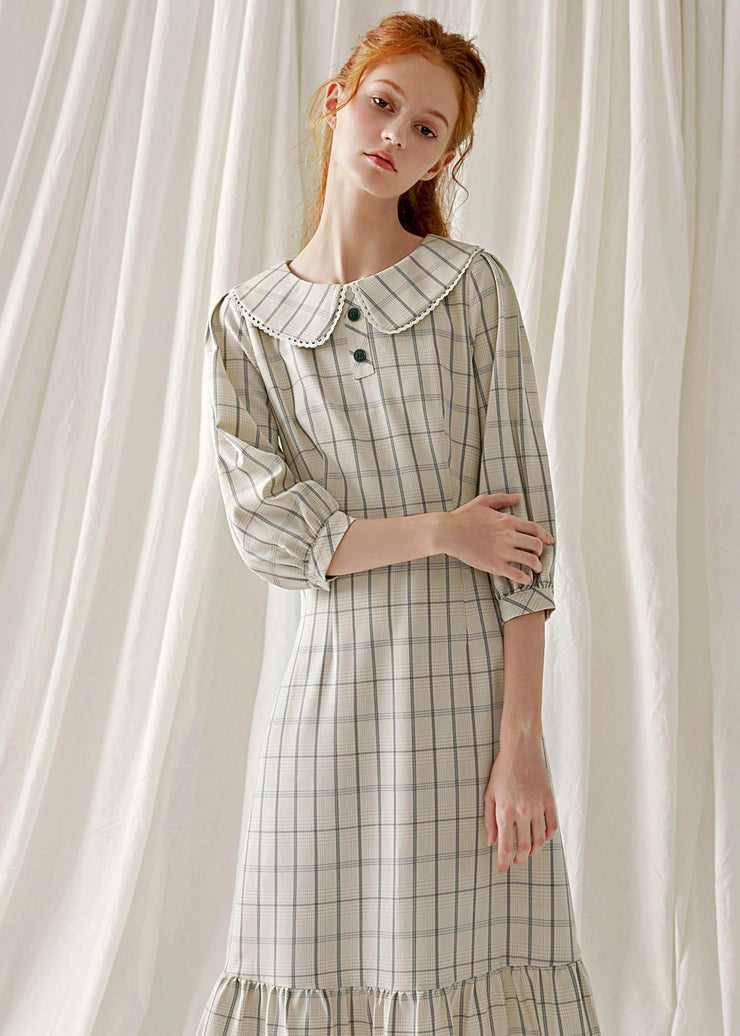 Unique light nude plaid blended clothes ruffles hem cotton robes fall Dresses - bagstylebliss